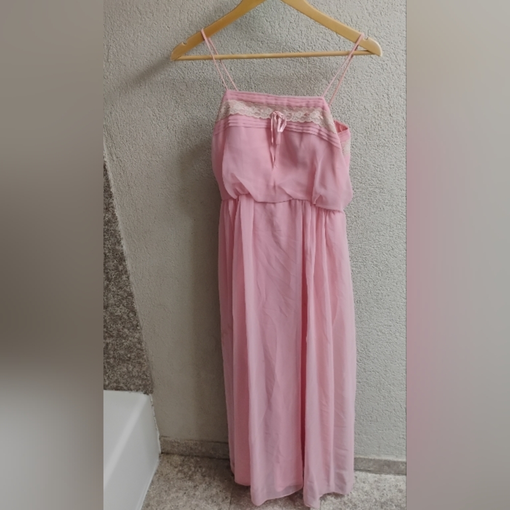 Vintage 1970s Coquette Spaghetti Strap Lace Ribbon Maxi Dress